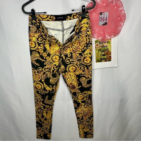 MinkPink Outrageous Fortune Barocco High-Rise Skinny Jeans Gold/Black Small - Picture 6 of 13